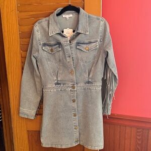 Chic Denim Mini Dress with Fringe Accents